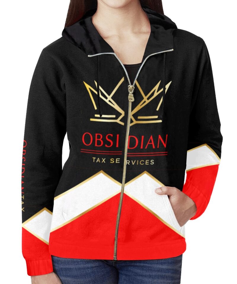 Obsidian Jacket black whit All Over Print Full Zip Hoodie for Women (Model H14)